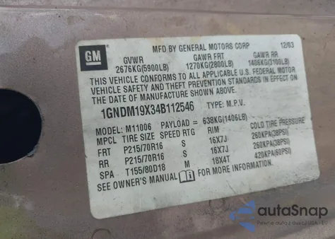 2004 Chevrolet Astro from USA, damaged, VIN 1GNDM19X34B112546